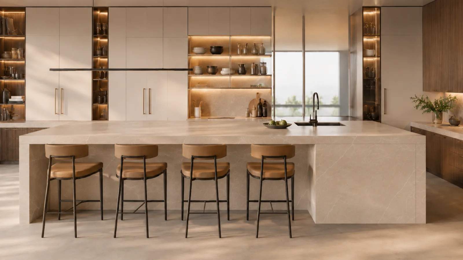 Cocina Colección Privée con isla de piedra beige, repisas iluminadas y bancos altos